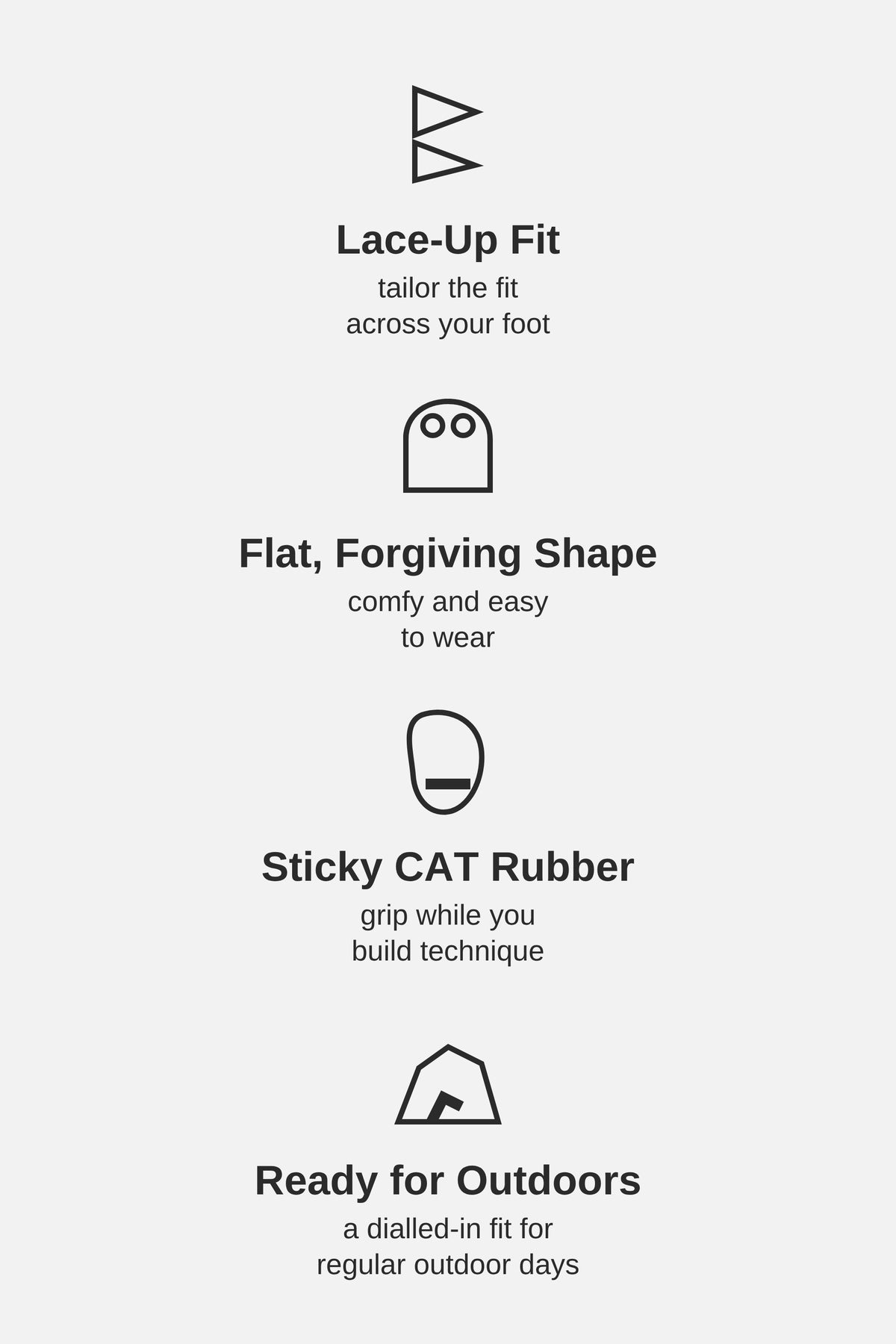 Ocun Striker LU highlights: lace-up fit, flat forgiving shape, sticky CAT rubber, ready for outdoors