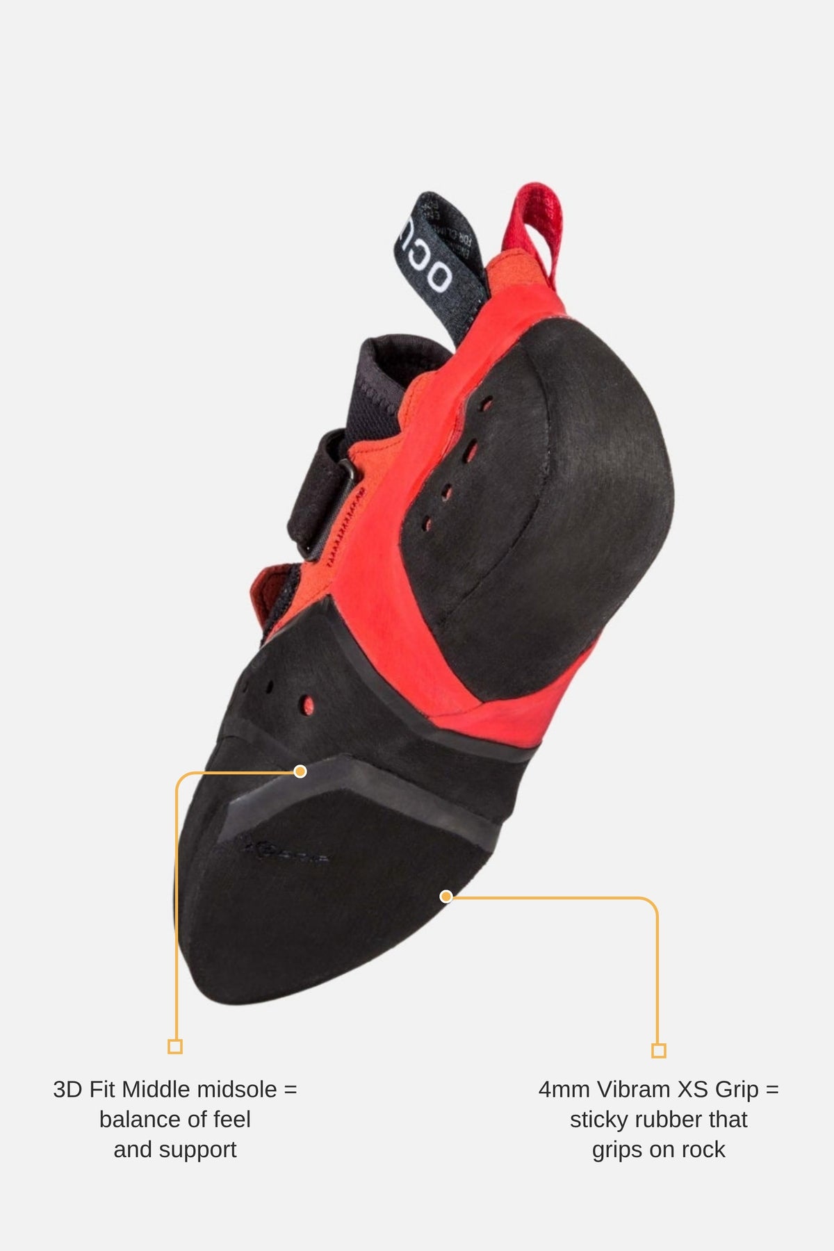 Ocun Ozone climbing shoe sole with callouts for Vibram XS Grip rubber and 3D Fit Middle midsole