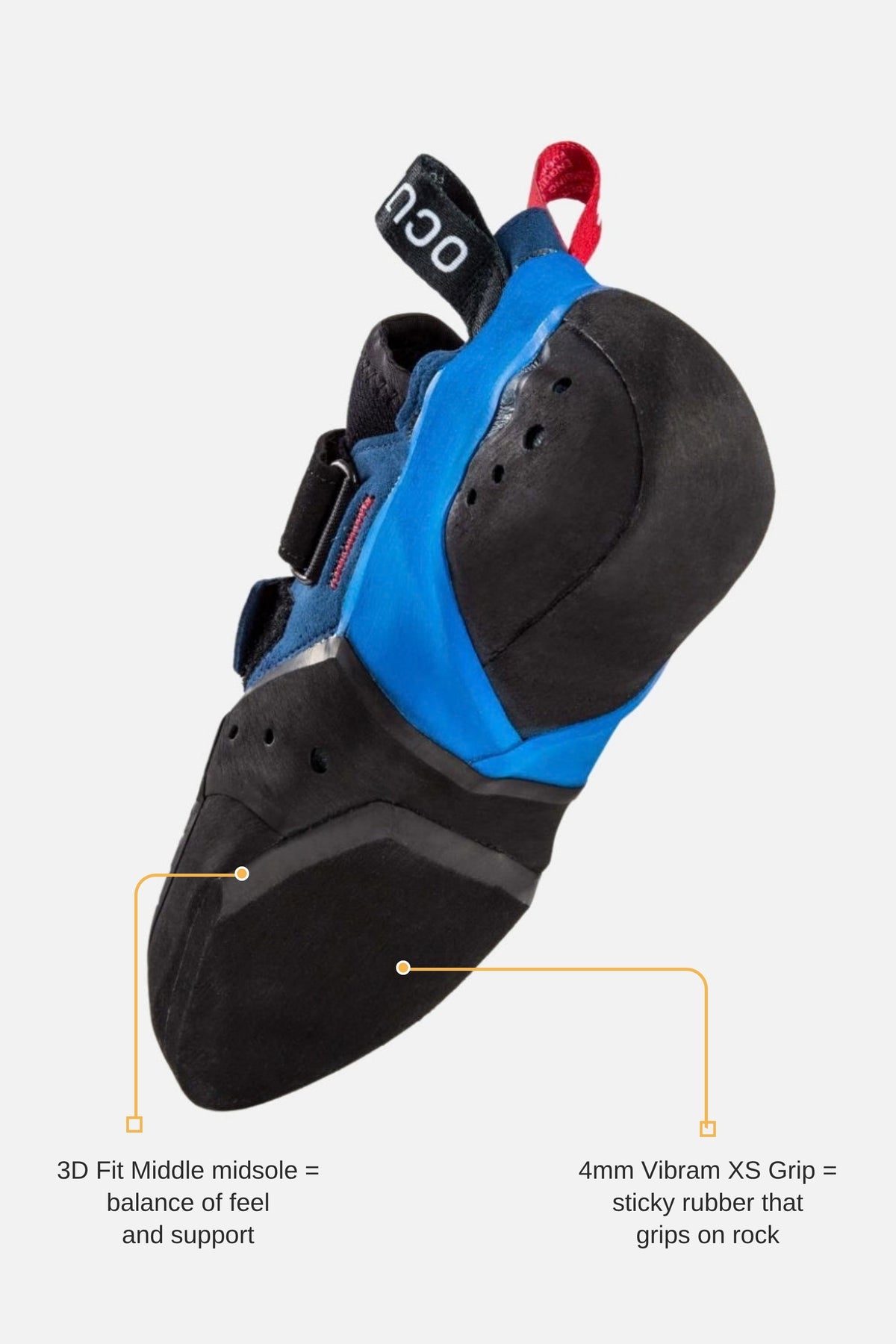 Ocun Ozone HV climbing shoe sole with callouts for Vibram XS Grip rubber and 3D Fit Middle midsole
