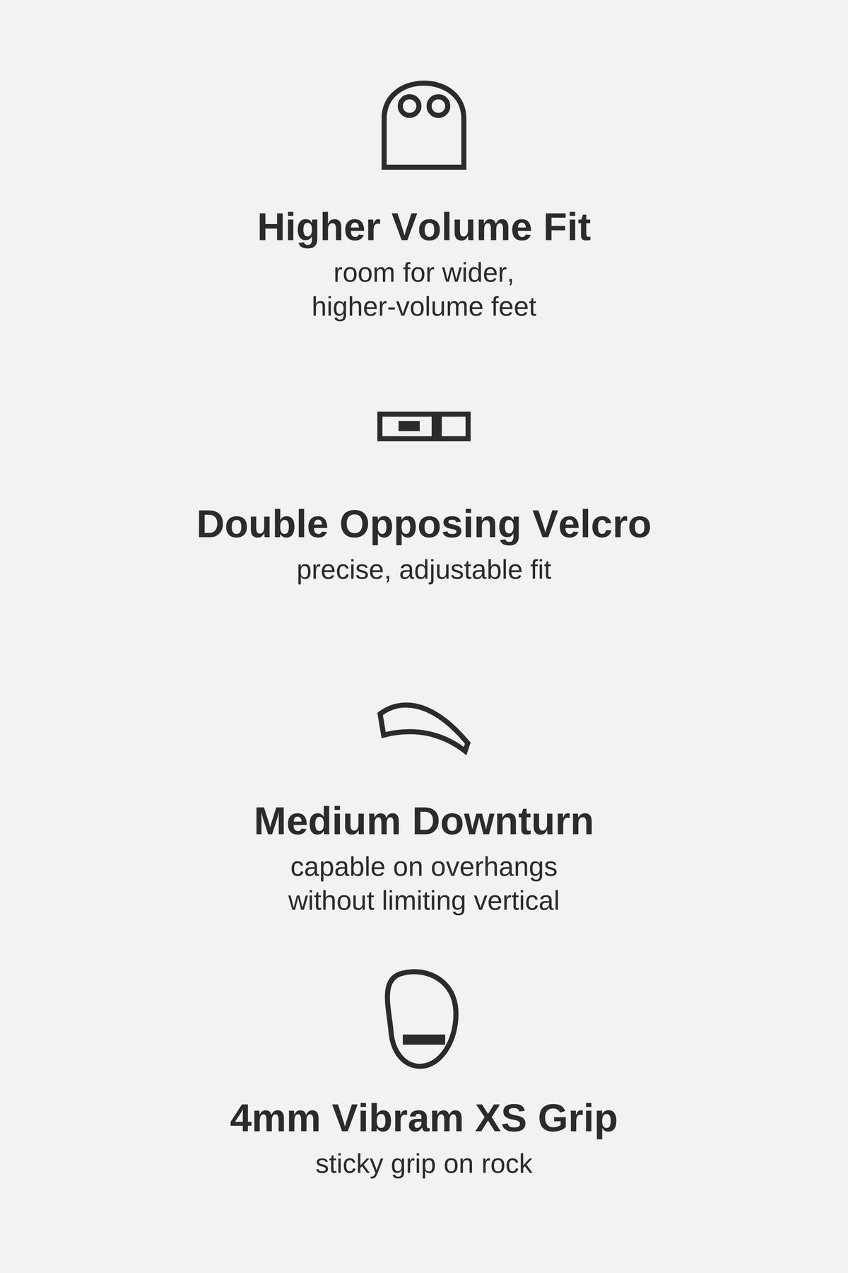 Ocun Ozone HV key features: higher volume fit, double opposing velcro, medium downturn and Vibram XS Grip rubber
