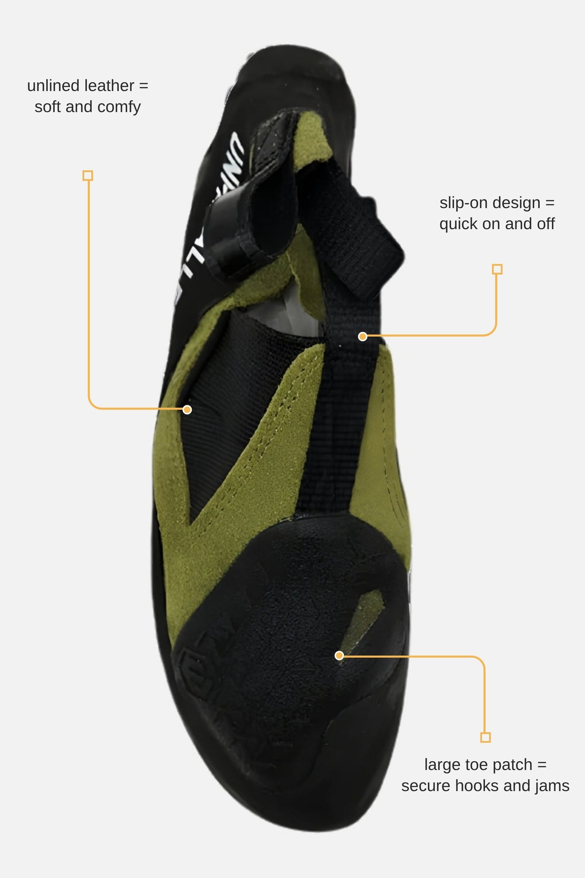 Unparallel Mocc climbing shoe top view with feature callouts: slip-on design, large toe patch, unlined leather