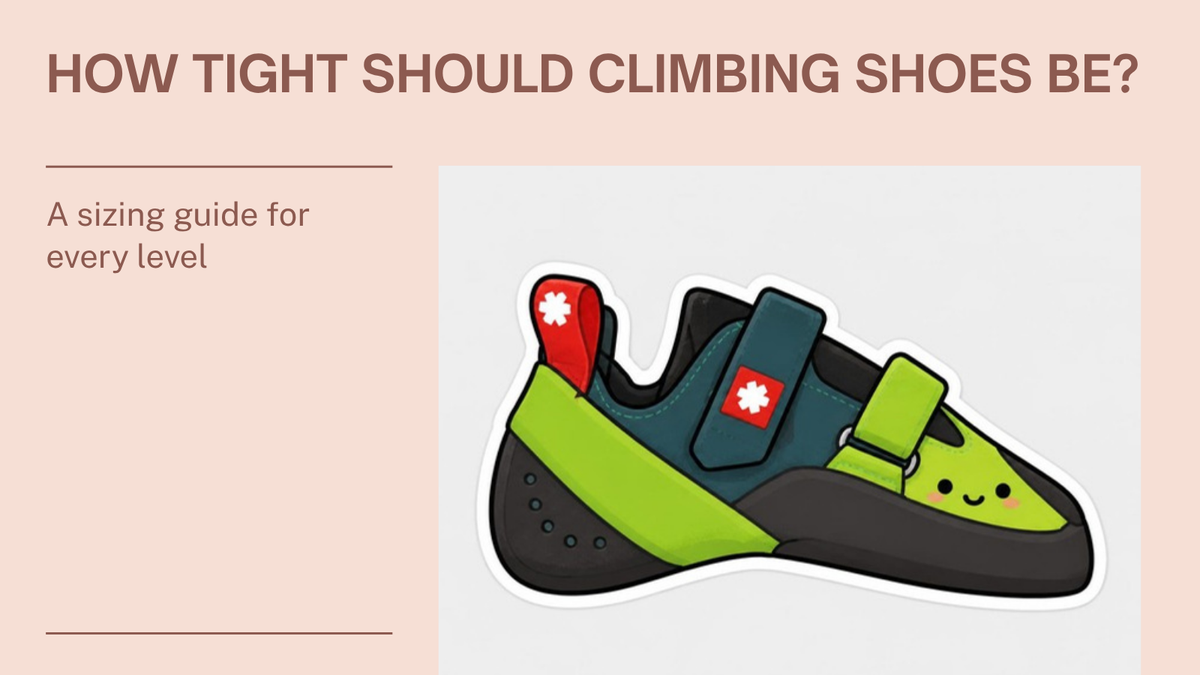 Cartoon illustration of a climbing shoe with a smiley face: how tight should climbing shoes be