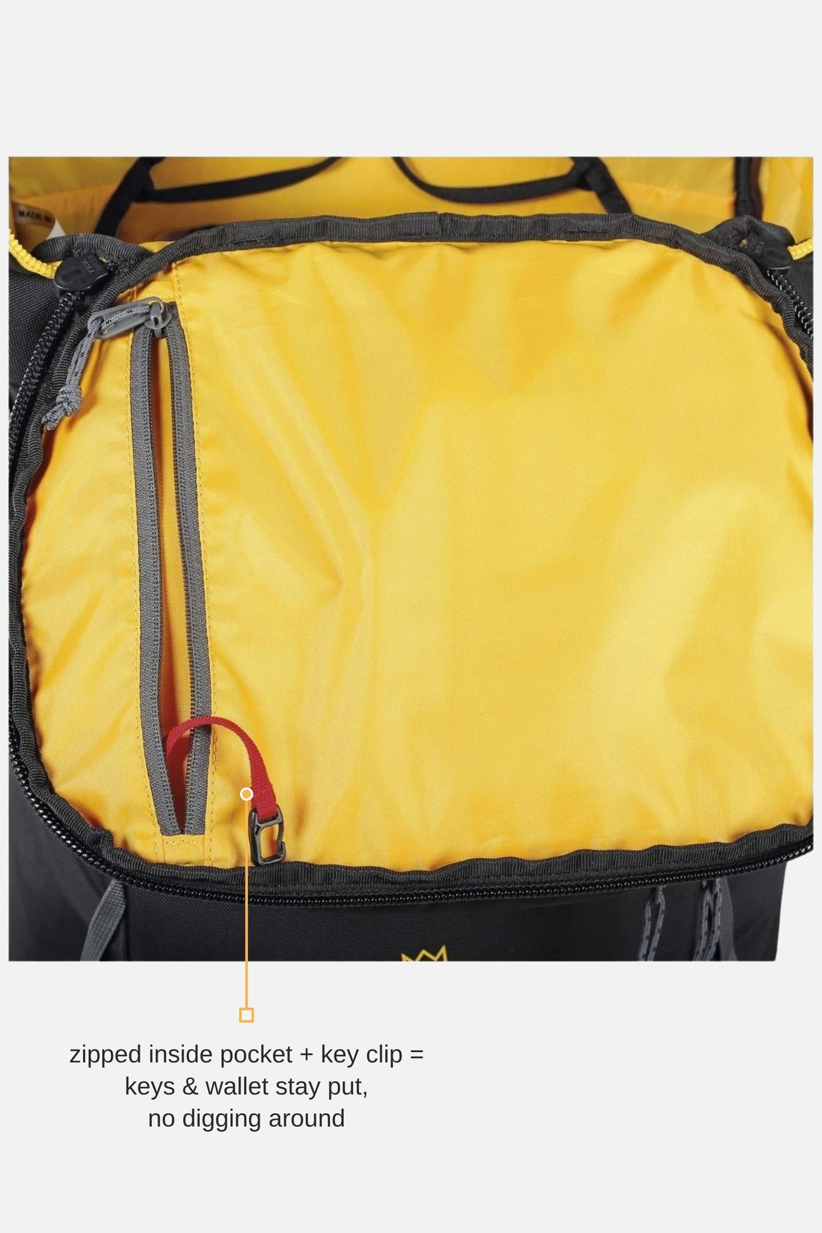 Rocking 40 zipped inside pocket with key clip