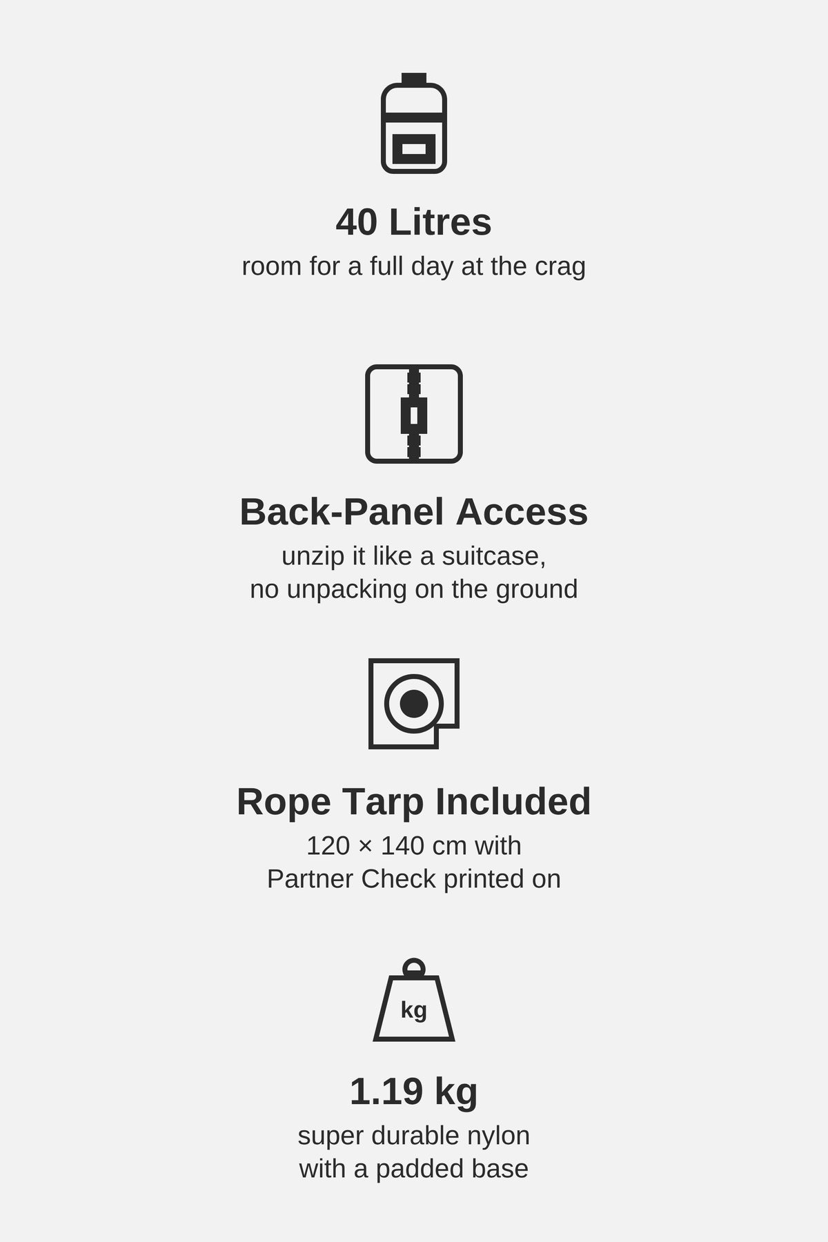 Rocking 40 highlights: 40 litres, back-panel access, rope tarp included, 1.19 kg