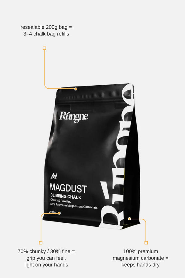 Rungne Magdust 200g chalk bag with labelled features