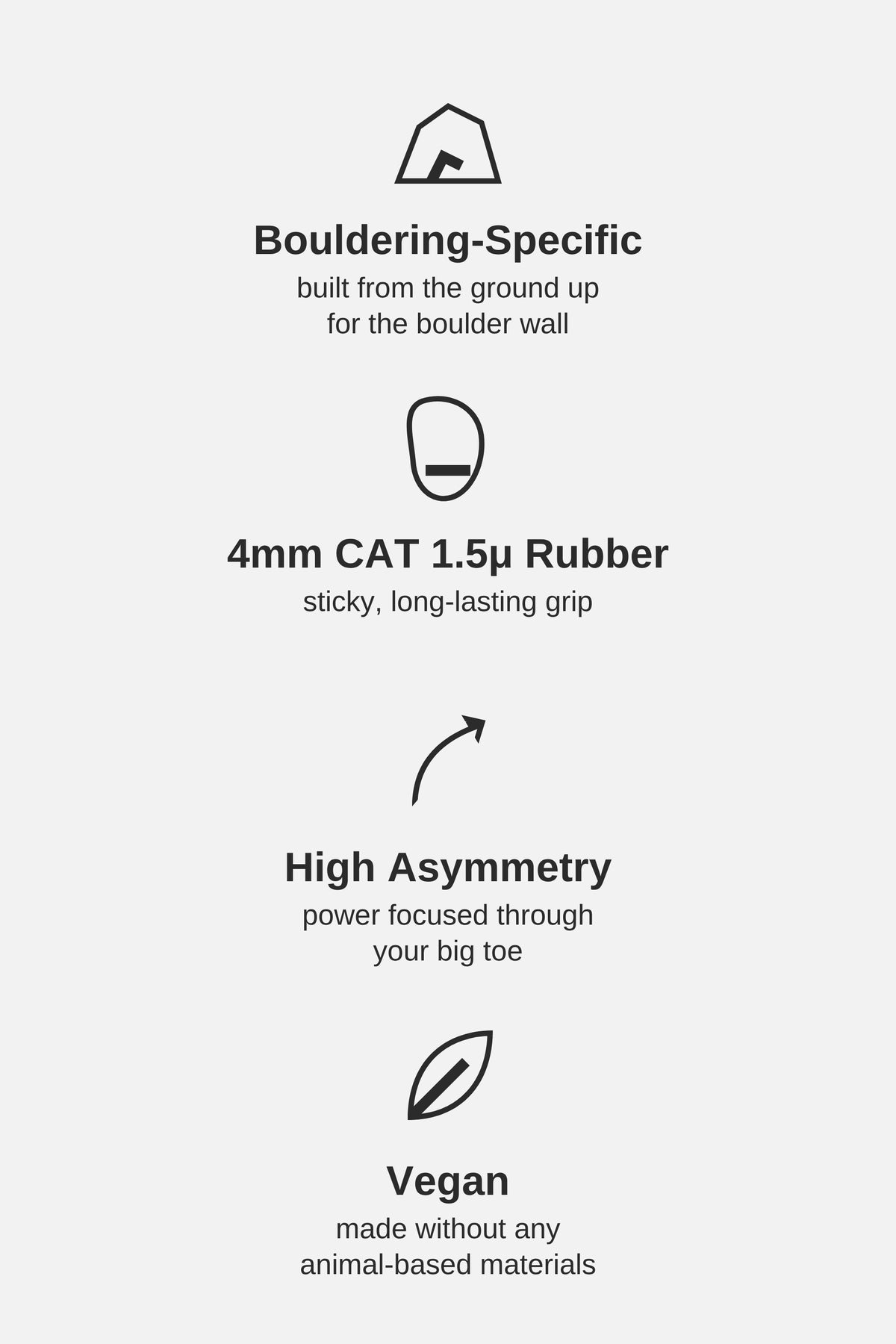 Ocun Bullit highlights: bouldering-specific, 4mm CAT 1.5 rubber, high asymmetry, vegan