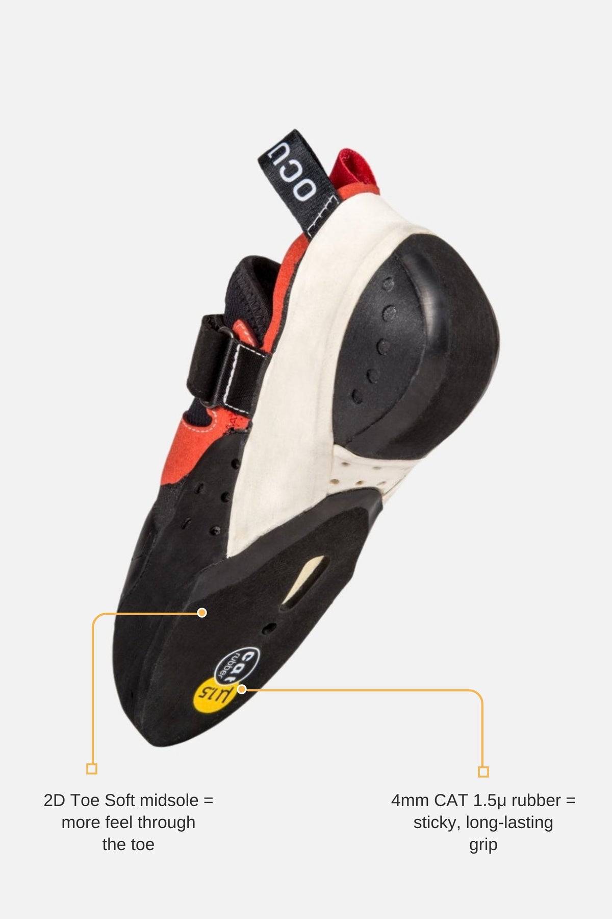 Ocun Iris climbing shoe sole with callouts for CAT 1.5 micron rubber and 2D Toe Soft midsole
