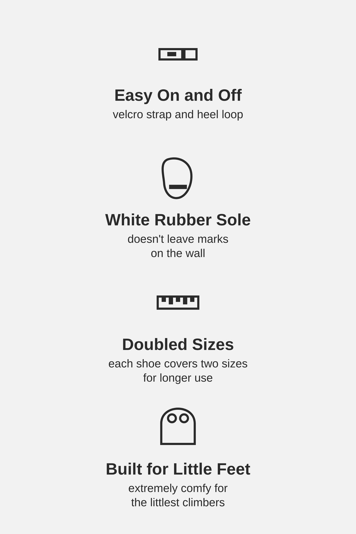 Ocun Ribbit Kids key features: easy on and off, white rubber sole, doubled sizes and built for little feet