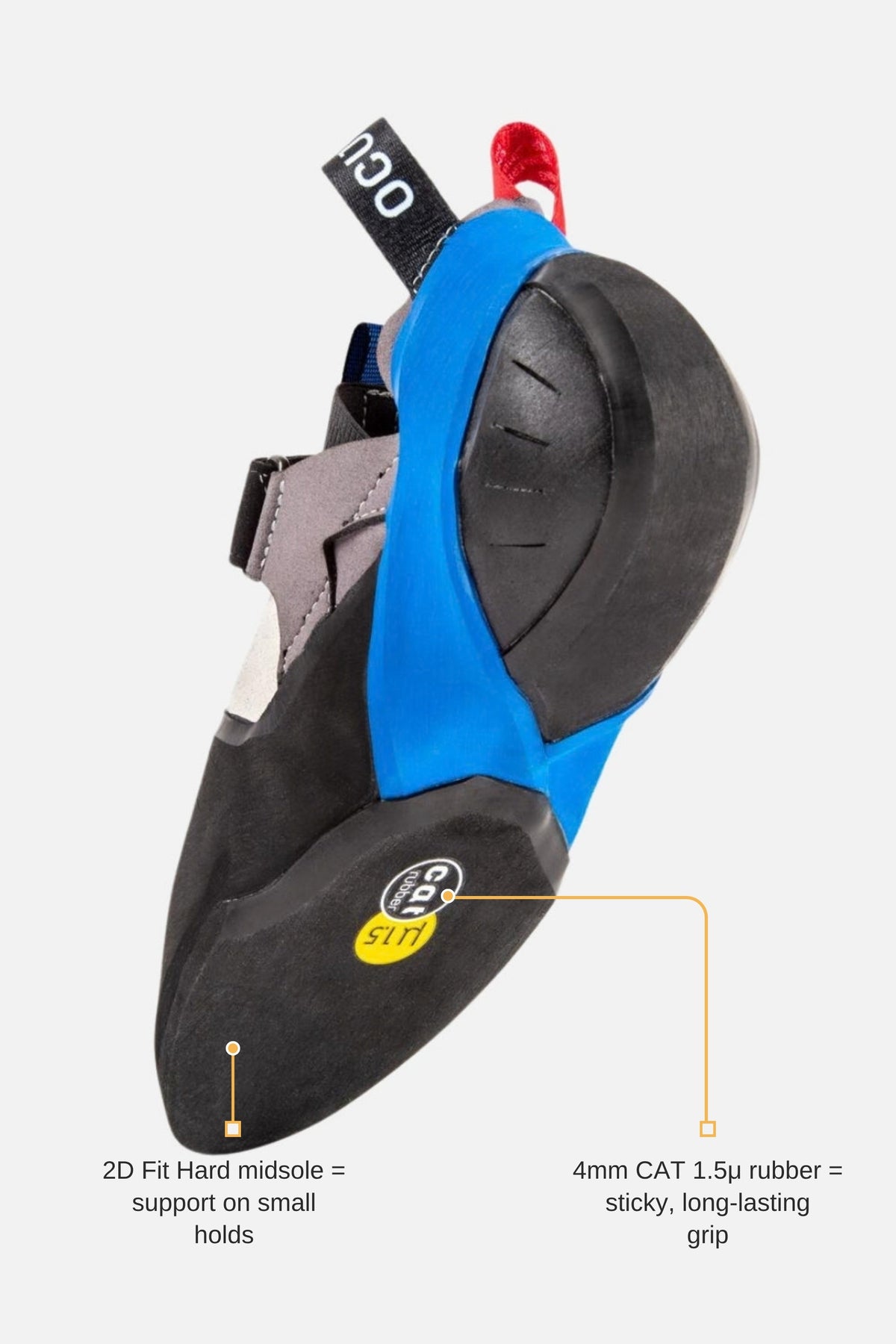 Ocun Jett S climbing shoe sole with feature callouts: 4mm CAT 1.5 rubber, 2D Fit Hard midsole