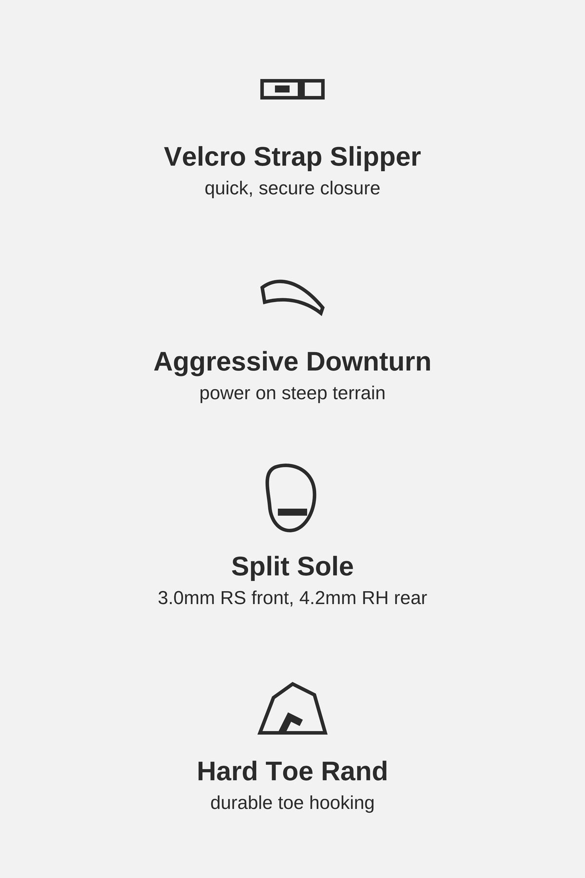 Unparallel Flagship Pro highlights: velcro strap slipper, aggressive downturn, split sole, hard toe rand
